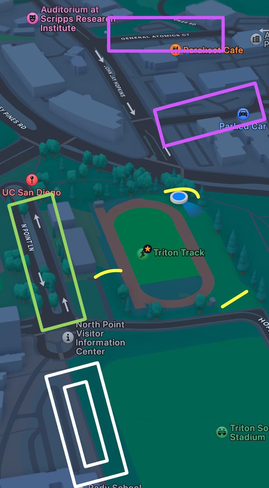 Map of Triton Track showing paid parking on North Point Ln, visitor parking, free street parking, and track entrances
