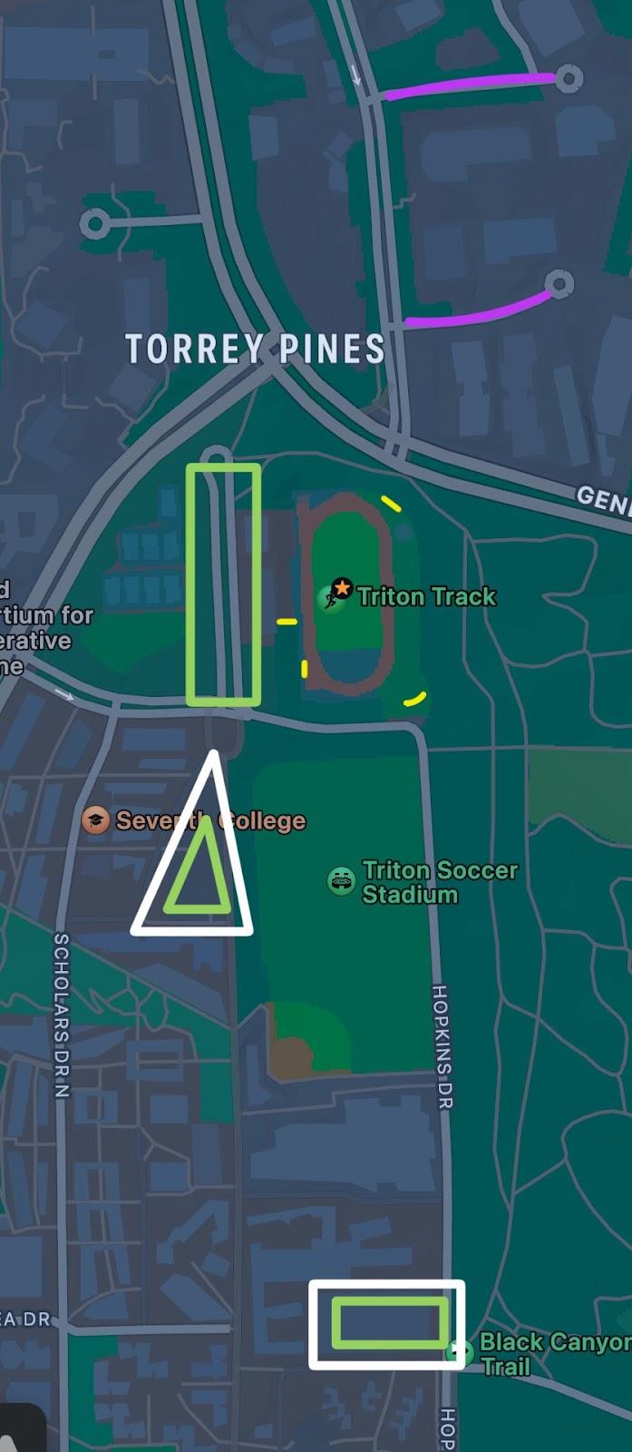 Wider map of the UCSD campus around Triton Track with parking areas marked
